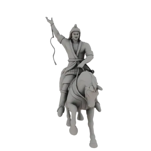 3D model of a warrior in historical or fantasy attire, mounted on a horse and raising a whip.