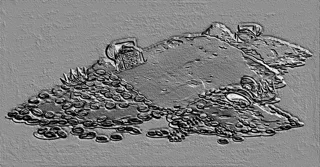 Modello 3D di bassorilievo con pila di monete d'oro, forzieri e corona in stile antica incisione