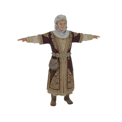 3D model of a woman in traditional Central Asian attire, featuring a maroon robe with gold embroidery and turquoise accents,