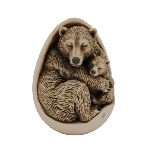 3D model of a mother bear and cub sleeping peacefully inside a cracked egg shell, with detailed fur textures.