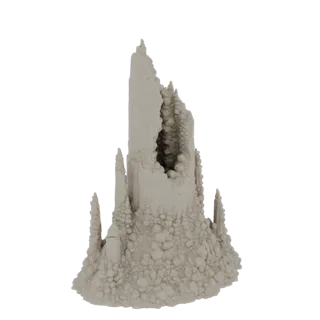 Modèle 3D d'une formation rocheuse fracturée avec un intérieur creux rempli de formations cristallines.
