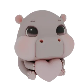 A 3D render of a cute, stylized baby hippo with large eyes and rosy cheeks, holding a pink heart in its hands.