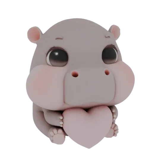 Un rendering 3D di un ippopotamo neonato carino e stilizzato con occhi grandi e guance rosse, che tiene un cuore rosa tra le