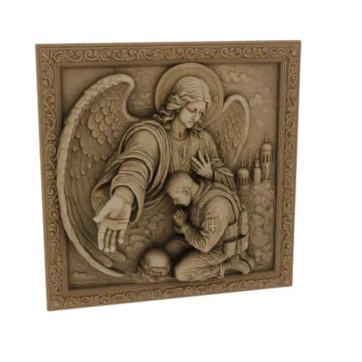 3D bas-relief model of a guardian angel with outstretched hand over a kneeling soldier, with a helmet on the ground.
