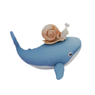 3D model of a blue whale with a snail on its back, in a cartoonish style
