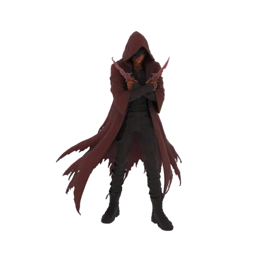 3D model of a crimson-hooded assassin figure with arms crossed, holding two daggers.