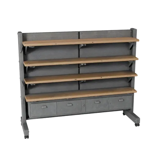 Maker Pegboard Wall 3D model, side profile view, technical viewport render, showing steel frames, stable fixtures.