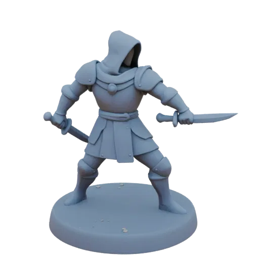 Miniatura STL de Ataque de Pícaro Medieval, render de mesa a tres cuartos, miniatura de escaramuza imprimible en resina con b