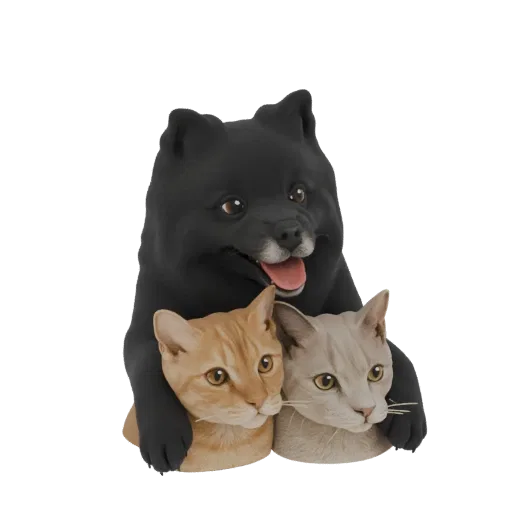 A 3D model of a black dog hugging a ginger cat and a grey cat, with all three animals looking friendly and content.