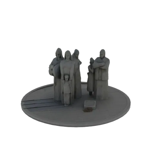 3D model of a stone-like family monument sculpture with multiple figures, including adults and a child, on a circular base.