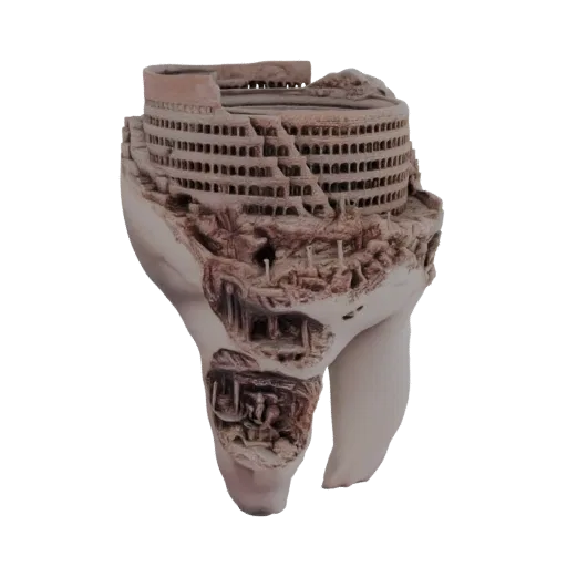 3D model render of the ancient Roman Colosseum in ruins, showing detailed arches and crumbling walls.