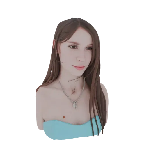 Render 3D del busto di una giovane donna con lunghi capelli castani e un top azzurro, su sfondo bianco.