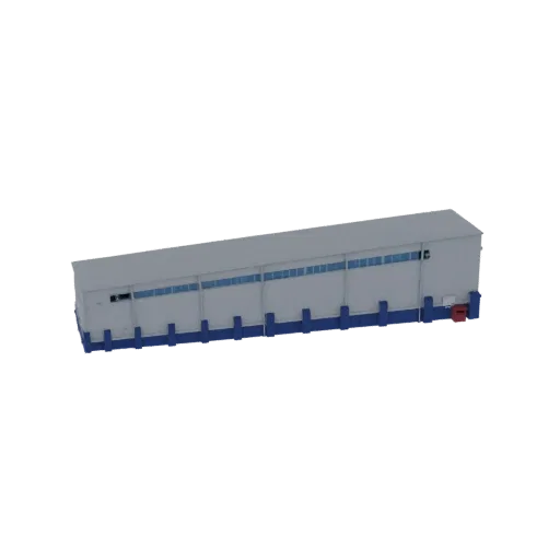 3D model of a long, modern industrial warehouse building with a light gray facade, blue windows, and blue base supports, set