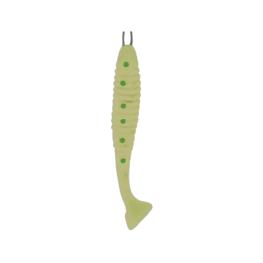 Modello 3D dettagliato di esca da pesca a larva gialla con puntini verdi e coda a paletta, su sfondo bianco.