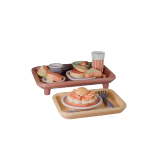 Picnic Breakfast Tray Stylized 3D model, stylized isometric render, showing ceramic, arranged serving layout.