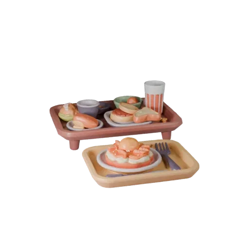 Modelo 3D estilizado de Bandeja de Café da Manhã para Piquenique, renderização isométrica estilizada, mostrando cerâmica, lay