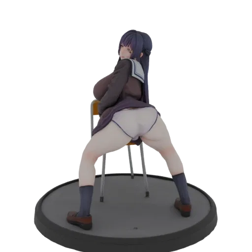 3D model of an anime schoolgirl in a dark uniform, sitting provocatively on a chair, viewed from the back.