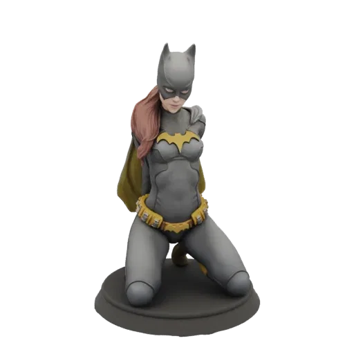 3D model of Batgirl in a grey costume with a yellow bat symbol and utility belt, kneeling on a circular base.