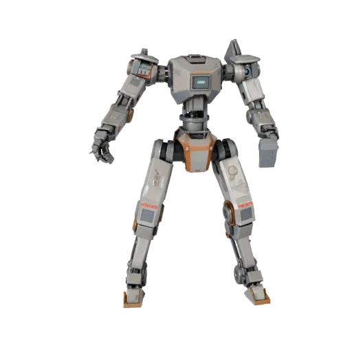 Humanoid Robot Arm Low Poly 3D model, game viewport three-quarter view, showing metal frames, robot form.