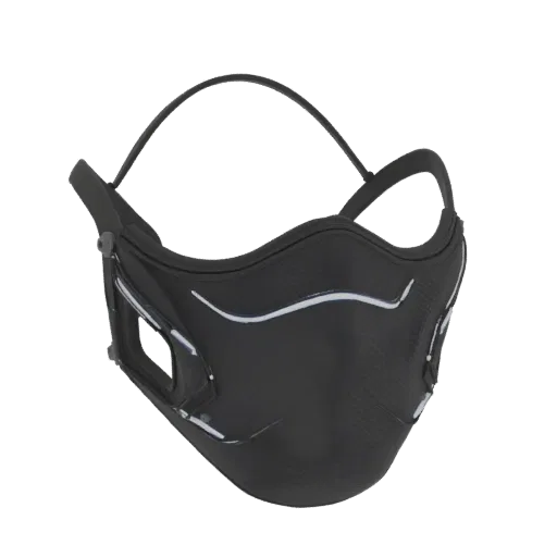 A detailed 3D render of a black cyberpunk tactical face mask with white accents and a carbon fiber texture, shown against a w