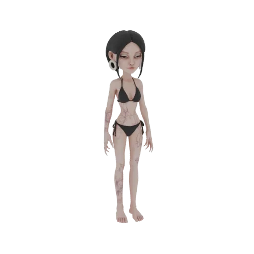 A 3D render of a stylized woman with dark hair, large hoop earrings, and intricate tattoos on her arms and legs, wearing a bl
