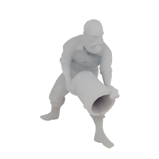 3D model render of a farmer figure carrying a large mortar, depicted in a light gray, unpainted finish against a black backgr