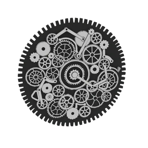 3D render of a complex steampunk clockwork mechanism with interlocking gears and levers, set against a black background.