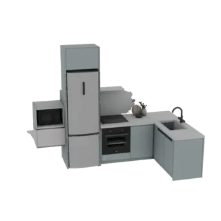 3D model of a modern L-shaped kitchen unit with a silver refrigerator, black oven, microwave, stovetop, and sink.