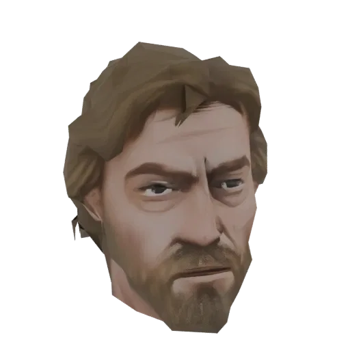 A 3D render of a stylized male head with brown hair and a detailed beard, looking slightly to the side.