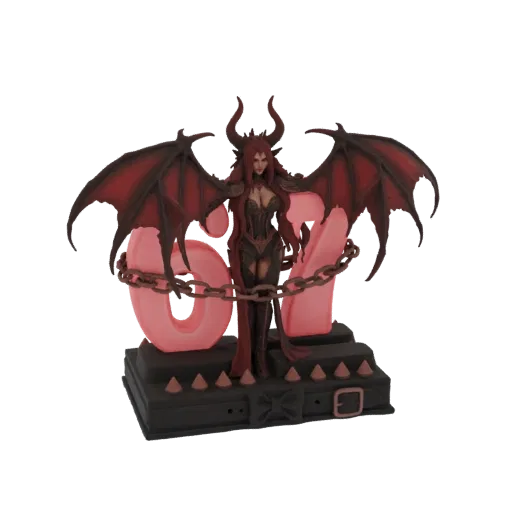 Modelo 3D de uma rainha demoníaca com grandes asas vermelhas, vestindo armadura escura e acorrentada, em pé sobre uma base es