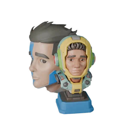 Aperçu du modèle 3D stylisé du buste de robot montrant les plans du visage, vue de jeu à trois quarts