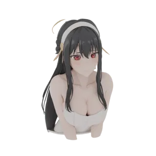 3D model of Yor Forger from Spy x Family, a young woman with black hair and red eyes, wearing a white dress.
