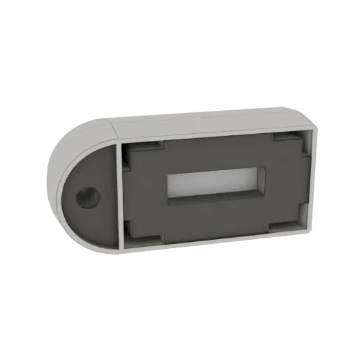 3D render of a rounded rectangular enclosure with a dark gray internal cavity and a circular mounting hole on the left end.