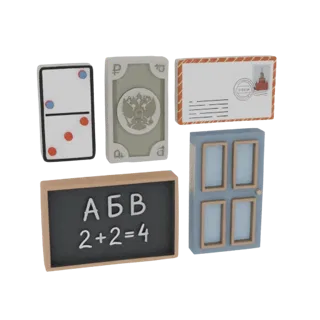 Render 3D de una colección que incluye un dominó, billete ruso, sobre, pizarra con matemáticas y una puerta azul.
