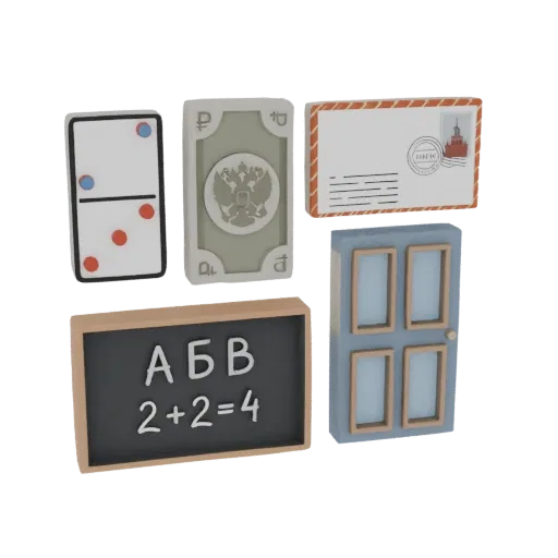 Render 3D di una collezione che include un domino, banconota russa, busta, lavagna con matematica e una porta blu.