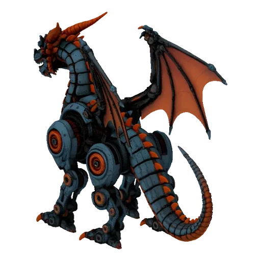 A 3D render of a steampunk dragon with blue metallic plating and orange accents, standing on its four legs with wings partial