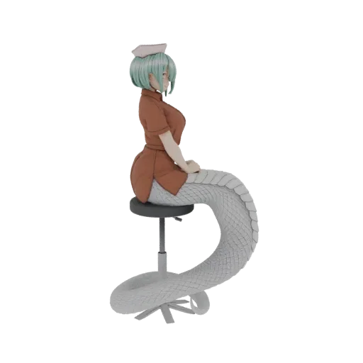 3D model of a Lamia nurse with green hair, wearing a brown uniform and cap, sitting on a stool with her snake tail coiled aro