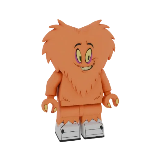 3D-Modell eines niedlichen, orangefarbenen, flauschigen Wesens mit großen Cartoon-Augen und einem breiten Lächeln, das wie ei