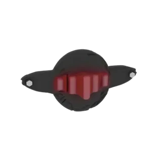 3D-Modell einer futuristischen schwarzen Cyberpunk-Maske mit einem hellroten leuchtenden Visier, von vorne betrachtet.