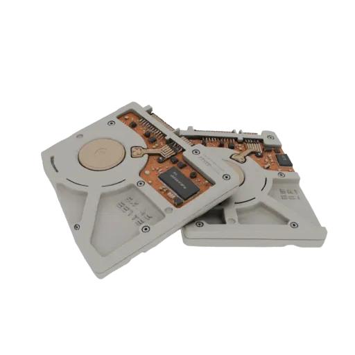 3D model of a vintage hard drive circuit board with copper PCB and electronic components, presented on a white background.