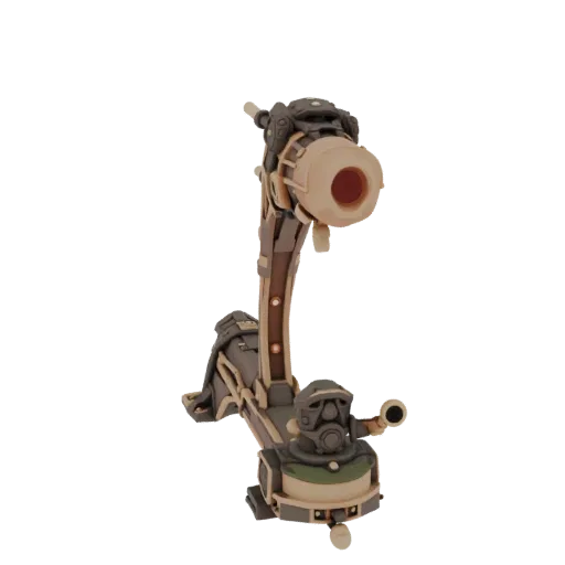 3D-Modell eines Steampunk Gasmasken-Turms mit detailliertem mechanischem Arm und gasmaskenähnlicher Komponente oben.