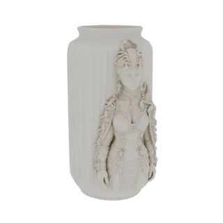 Modelo 3D de um vaso branco apresentando um busto detalhado de uma rainha com motivos de escorpião e uma coroa de escorpião,