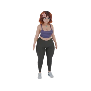 Render 3D di una donna stilizzata con capelli castano ramato, fiore rosa, occhi blu, indossa un top viola e leggings grigi, s