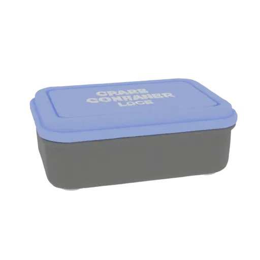 3D model of a gray container with a blue lid, engraved with "GRARE CONTAINER LOCK"