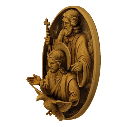 3D model of an oval relief sculpture depicting the Sacred Trinity: God the Father, Jesus Christ, and a dove representing the