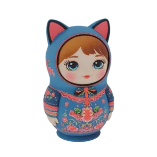 3D-Modell einer blauen Matroschka-Puppe mit Katzenohren und floralen Mustern, von vorne gezeigt.