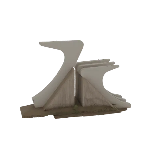 3D model render of abstract geometric bookends with white curved elements and a wood-textured base, set against a black backg