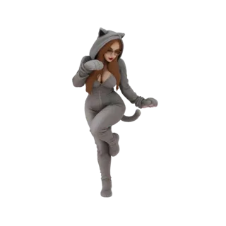 Modèle 3D d'une fille portant une combinaison chat grise, adoptant une pose ludique avec une queue.