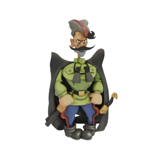 3D model of a cartoon Cossack warrior with a mustache, green uniform, black cape, and sword.
