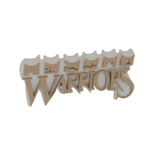 Modelo 3D del logo de 'Warriors' con orejas de gato estilizadas sobre el texto, renderizado en colores dorado metálico y crem